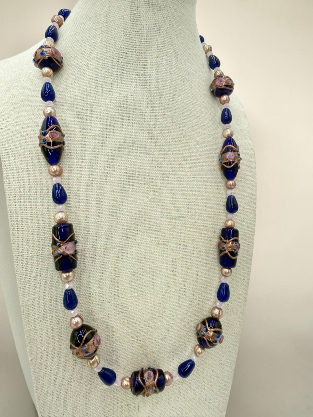 Venetian Wedding Cake Bead Necklace Blue Jade Genuine Pearl Pink Crystal 20” - Picture 8 of 17